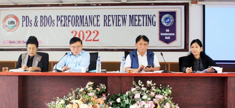 RD Minister Metsubo Jamir and others during the review meeting in Kohima on June 22.